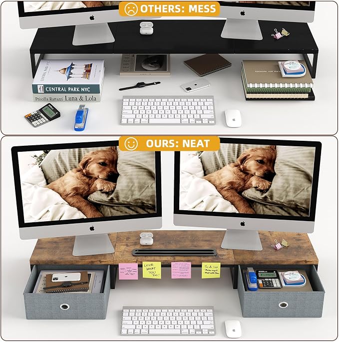39 Inch Dual Monitor Stand Riser with 2 Drawers - Large Brown Wooden Computer Stand for 2 Monitors, Ergonomic Desk Organizer with Phone Holder, Desktop Storage for Laptop, Office Supplies, Home Office - Image 4