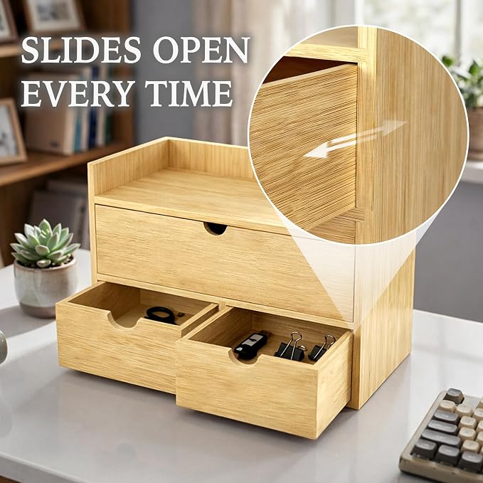 Bamboo Desk Organizer with 3 Drawers, Wood Storage Box for Office Supplies | Solid Tabletop Drawer Chest with Open Display Top, 13.4 x 7.3 x 8.1 in, No Assembly - Fits Countertop, Vanity and Dorm - Image 4