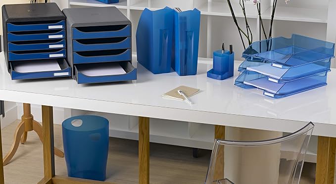Exacompta - Ref 3097203D - BIG-BOX PLUS Desktop Drawer Set - 5 x 43mm Drawers, Suitable for A4+ Documents, 347 x 278 x 271mm, 100% Recycled Plastic - Black/Glossy Ocean Blue - Image 4