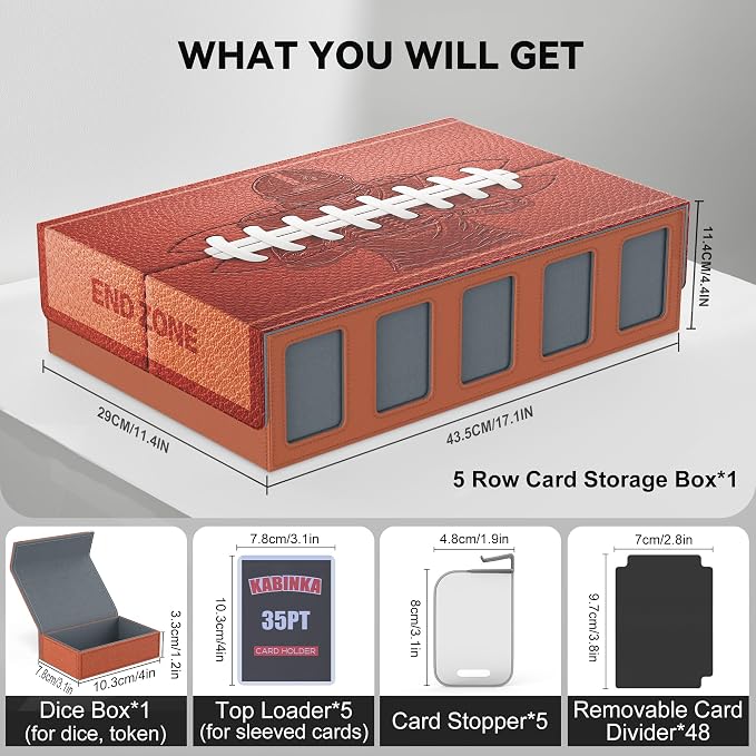 Kabinka Football Card Storage Box with Window Display, 5-Row Sport Card Storage Box, 3900+ Card Deck Box for Football Sports Card TCG, 5 Top Loaders, 5 Stoppers, 48 Dividers, 1 Dice Tray(Football 1) - Image 6