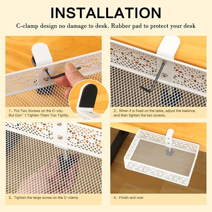 Under Desk Drawer, Clamp on Desk Organizer Under Table Hanging Desk Storage | 2PCS under desk organizer: clamp on desk drawer, under desk basket, hanging desk storage, clamp on undertable shelf, no-drill - Image 5