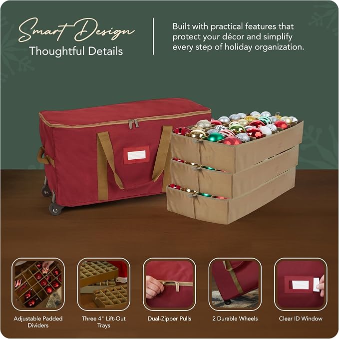 Covermates Keepsakes Rolling Adjustable Ornament Storage Bag – Heavy-Duty Polyester, FlexGrid Trays & Padded Dividers – Protective Holiday Organizer with Wheels, Handles & ID Window, Red - Image 4