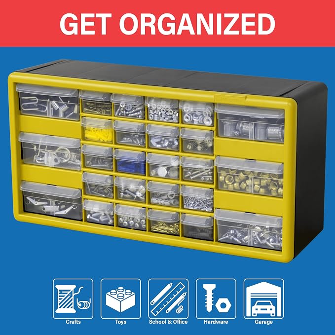 Akro-Mils 26-Drawer Plastic Storage Cabinet, 20"W x 6"D x 10"H, Yellow | Plastic Cabinet w/ Drawers for Garage Organization, Beads, Building Bricks Storage, Teacher Toolbox, Makeup Organizer, 10126 - Image 4