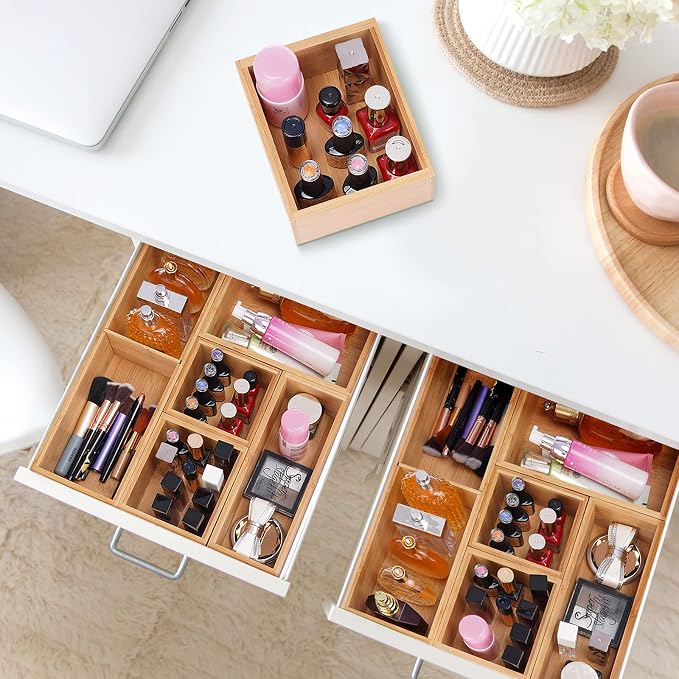 Fabsome Bathroom Drawer Organizer, Bamboo Box Bin for Junk Vanity Desk Makeup Drawer, Small Wooden Container Tea Storage Organization Tray for Kitchen Office, Set of 5 - Image 3