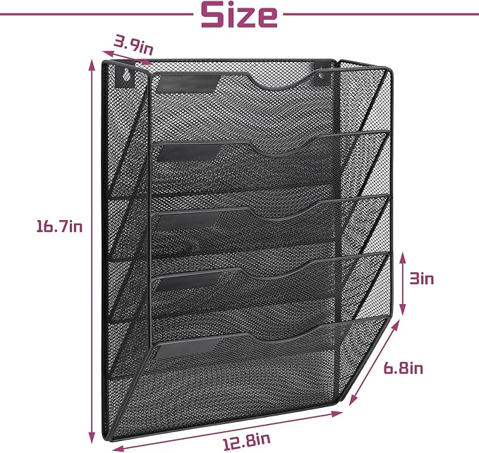 5 Pockets Mesh Wall File Holder Organizer Office Hanging File Folder Magazine Rack, Nametag Label Hooks Set Included (Black) - Image 2