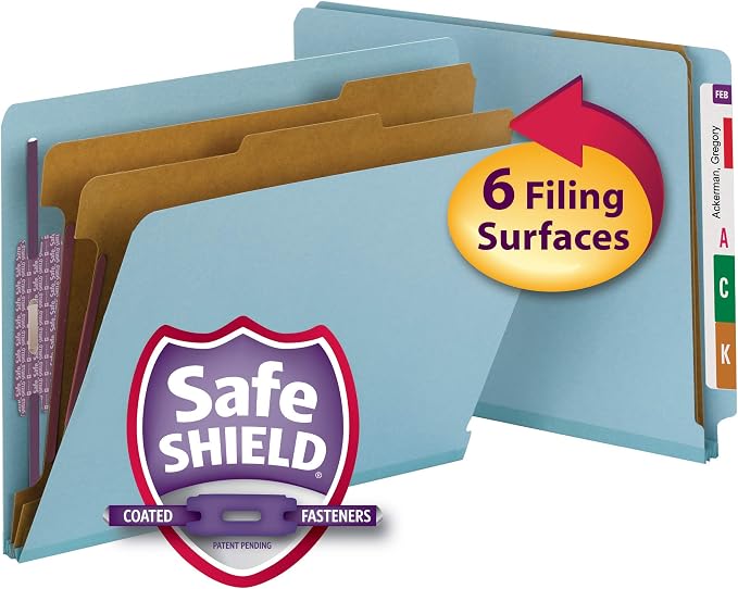 Smead 100% Recycled End Tab Pressboard Classification File Folder with SafeSHIELD Fasteners, 2 Dividers, 2" Expansion, Letter Size, Blue (26781) - Image 2