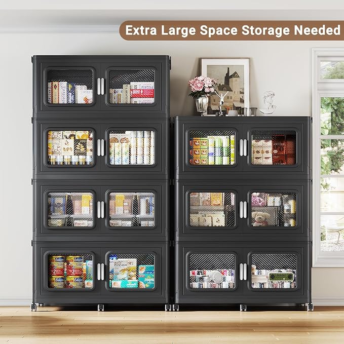 BROVIEW 1200 Qt Extra Large Stackable Storage Bin with Lids, 4 Pack Black | 300Gal Extra Large, Collapsible Storage Boxes with 4 Lids, Folding& Rolling Plastic Drawer, Heavy-Duty Cabinet Organization - Image 3