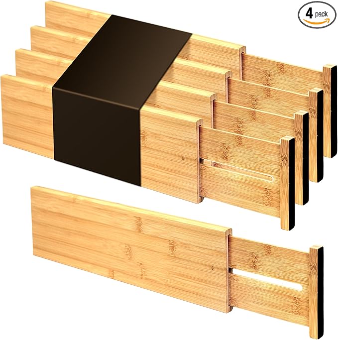 Utoplike Bamboo Drawer Dividers Large, 4" High Kitchen Drawers Organizer | Adjustable, Spring Loaded, Works in Bathroom, Bedroom, Dresser, Office, 4pcs for Clothing, Fit for 18.6"-20.6" Inner Drawer by Utoplike