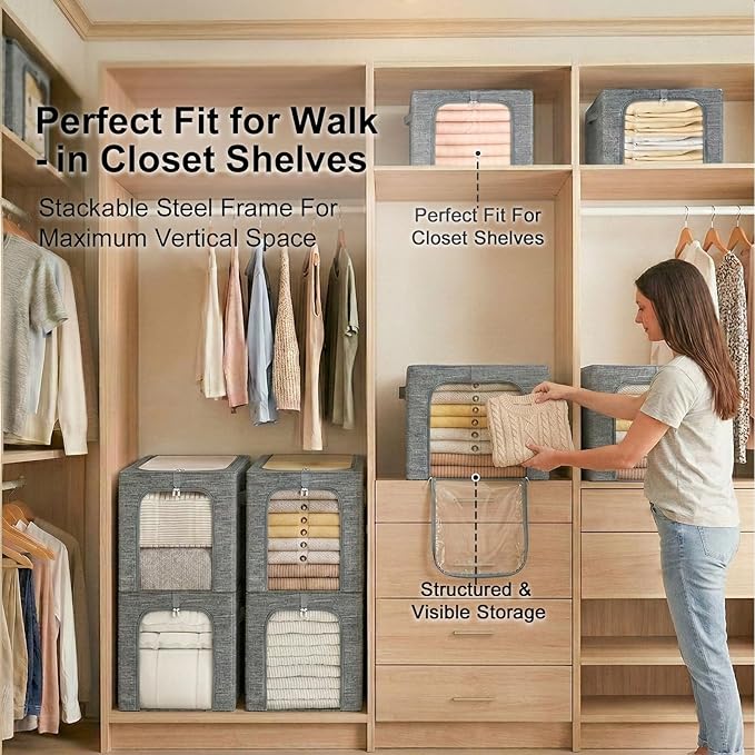 GoMaihe Baby Clothes Storage Bins with Metal Frame 27L 6-Pack Grey | Kids Toddler Child Clothing & Towels Small Items, Closet Top Shelf Boxes, Collapse-Proof Stackable, Clear Window Dual Access - Image 7