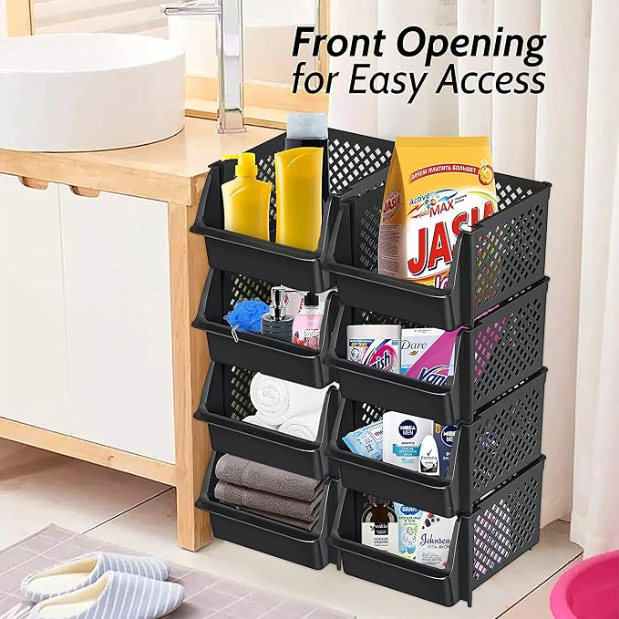 Skywin Stackable Storage Bins Open Front for Pantry Storage, 8 Pack - Black | Sturdy Plastic, Easy Stacking, Open Front Access, Ventilated Sides, Vertical & Space Saving Pantry Organizers and Storage Bin - Image 5