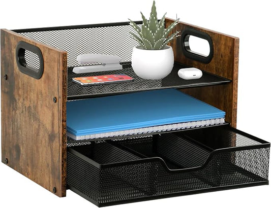 Wood Desk Organizer - 3-Tier Desktop File Organizer with Drawer, Wooden Paper Tray, Office Desk Organzier and Accessories for Papers, Mail, Notebooks, Stationery by BOERSHUN