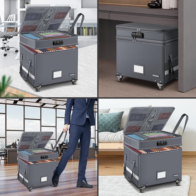 DocSafe Fireproof Document Box with Lock,2-Layer File Box with Wheels,Collapsible File Storage Organizer with Pockets,Large Portable Office Filing Cabinet for Hanging Folders,Gray,16''x13.8''x12.2'' - Image 3