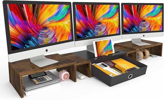 WESTREE Triple Dual Monitor Stand Riser with Drawer,Extra Large Adjustable for 2~3 Monitors,Solt for Phone & Tablet, Desktop Organizer Stand for Computer,Laptop,Printer,TV by WESTREE