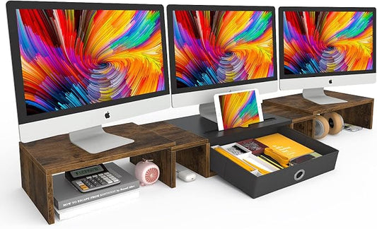 WESTREE Triple Dual Monitor Stand Riser with Drawer,Extra Large Adjustable for 2~3 Monitors,Solt for Phone & Tablet, Desktop Organizer Stand for Computer,Laptop,Printer,TV by WESTREE