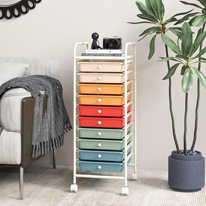 Storage Cart, Rolling Utility Cart with 10 Drawers, Portable Handles & Lockable Wheels, Mobile Paper Toys Storage Organizer Large Capacity for Home Office School Teacher (Macaron) - Image 6