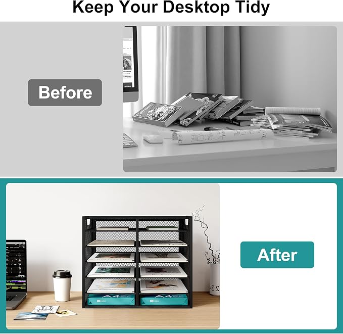 TQVAI 12 Compartments Desktop Literature Organizer, Metal Frame Paper Sorter with Handles, Adjustable Mailbox for Classroom and Office, Desk File Organizer for Document, Bill, Magazine, Black - Image 7