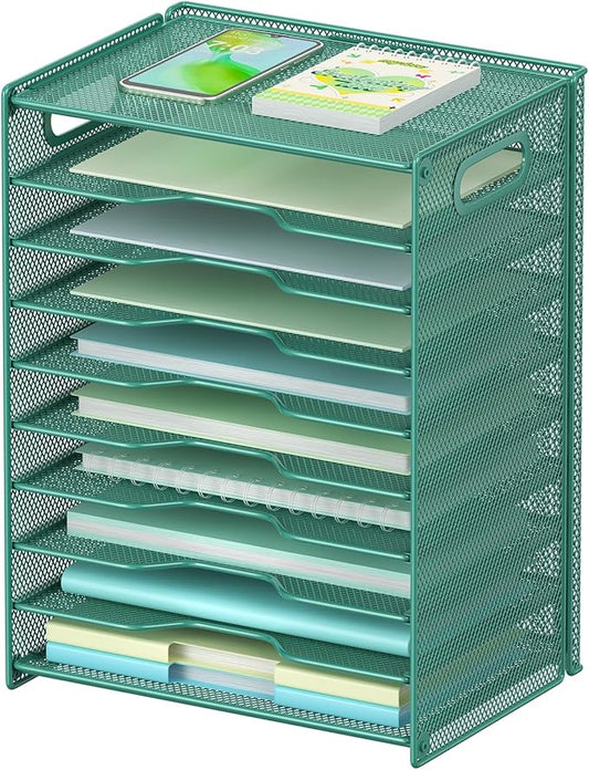 OUTWOLF 10 Tier Paper Organizer - Letter Tray Mesh Desk File Organizer with Handles for Office School Desktop, Green by OUTWOLF