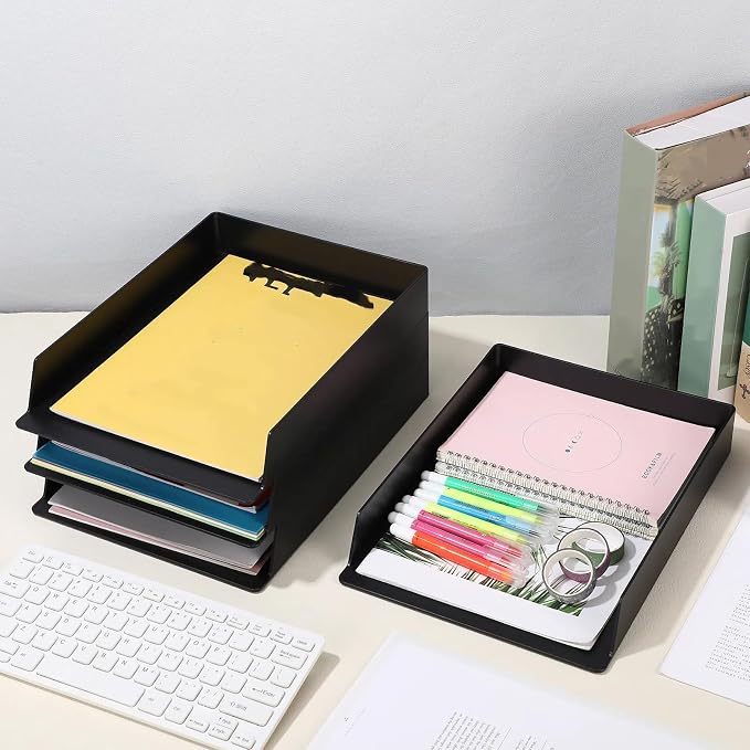 4 Pcs Stackable Paper Trays Rectangular Plastic Desk Holder Desktop Document File Organizer Storage Letter for Office Classroom (Black) - Image 6