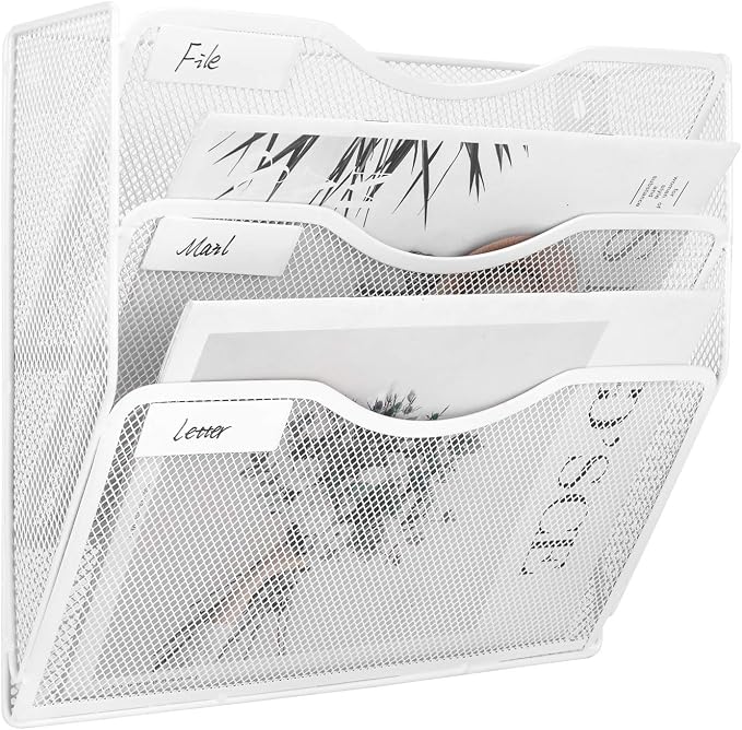 EasyPAG 3 Pocket Mesh Wall File Organizer, Hanging Paper Folder Holder with Classify Label, Vertical Wall Mount Mail Organizer for Office Home Classroom, White by EasyPAG