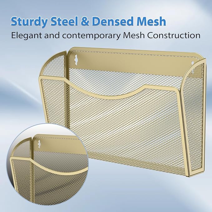 MINDEPOT Wall File Organizer, Hanging Wall File Holder, 6 Pack, Gold | Heavy Duty Iron, Metal Mesh Wall Mount, Single Pocket, Mail Organizer, for Office School Classroom Home, Letter A4 Size - Image 5
