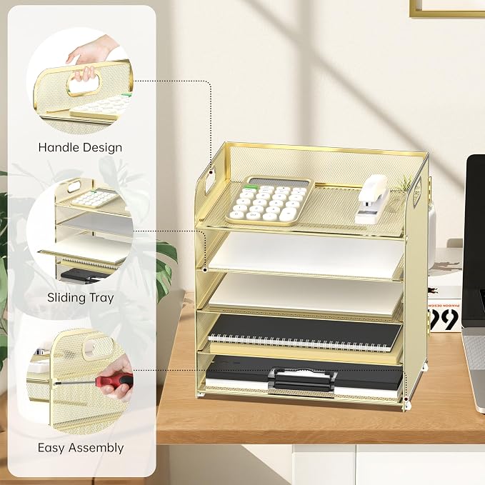 5 Trays Paper Organizer Letter Tray with Handle-Mesh Desk File Organizer, Paper Sorter Desk Organizer for Office, Home or School (Golden) - Image 3