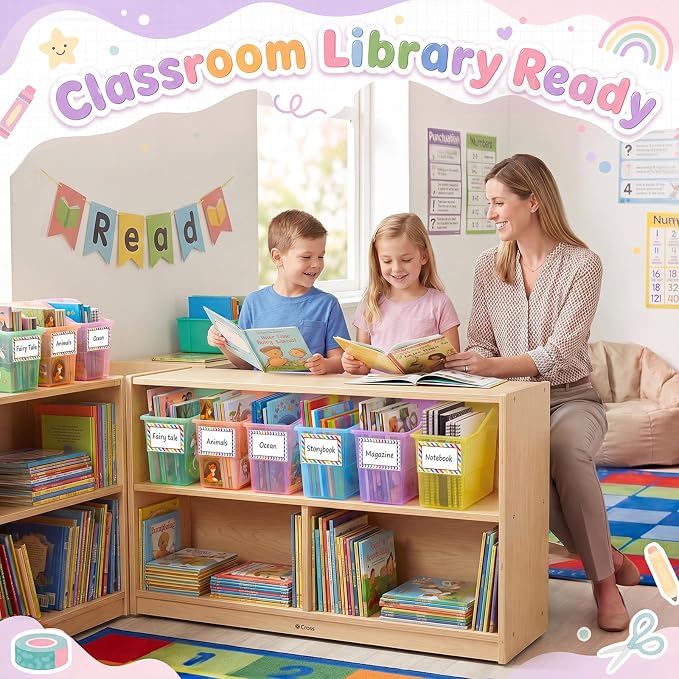 Blosssound 6 Set Book Bins for Classroom with Label Sticker Book Box Baskets Plastic Stackable Organizing Bins Storage & Organization for Classroom Library Home School Supplies (Translucent Pastel) - Image 4