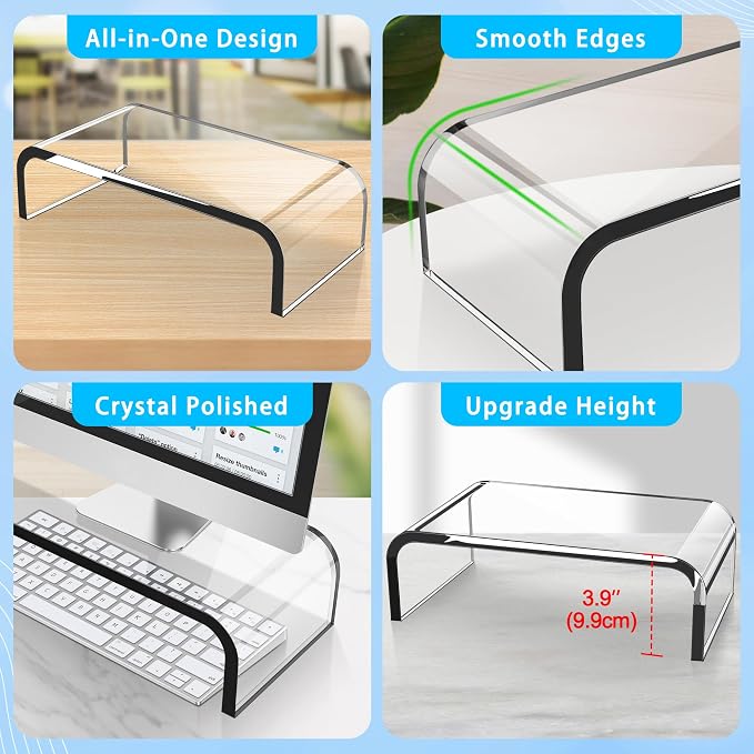AboveTEK Acrylic Monitor Stand – Clear Monitor Riser & Computer Desk Stand, Premium Acrylic Laptop Stand for Home Office, PC TV Stand with Keyboard Storage Heavy Duty Desk Riser - Image 3