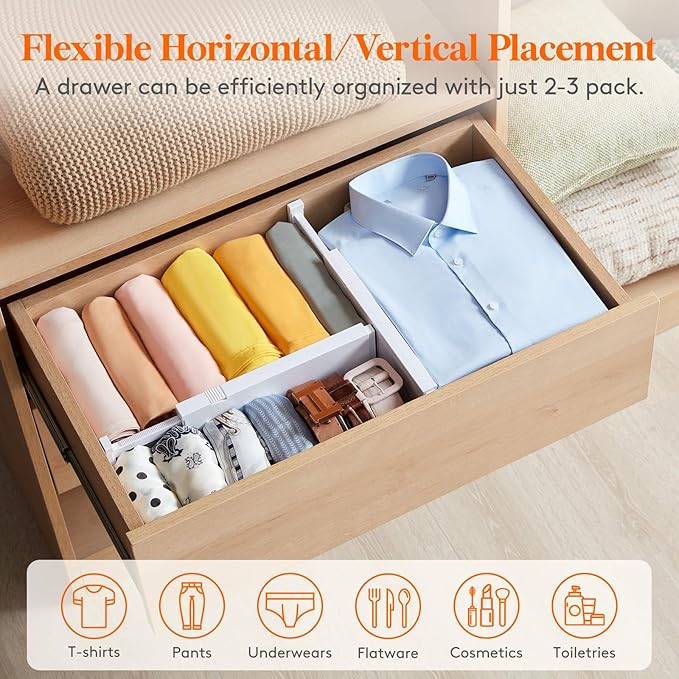 Lifewit 4" High Upgrade Drawer Divider, Adjustable Drawer Organizer Clothes | 8 Pack 11"-17" Expandable White Plastic Drawer Separator for Dresser, Kitchen, Closet, Nursery, Office Organization & Storage - Image 6
