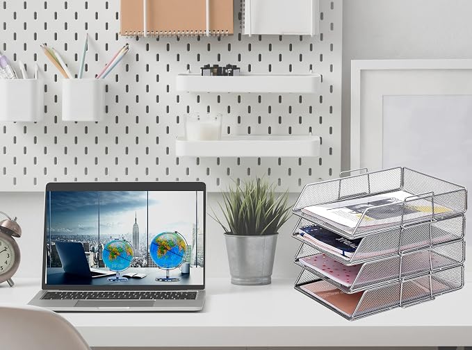 EXERZ Paper Sorter 4pcs Tier Stackable A4 Desk Organiser Letter Tray Silver | Durable Metal Mesh Holds Papers Files Folders Notebooks And Magazines For Office Home Study Classroom Desks - Image 8