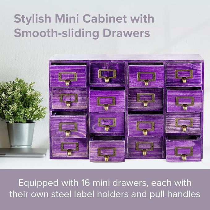 Purple 16-Slot Wooden Drawer Unit - Country Style Desk Organizer Box - 20"x3.6”x14” Wooden Storage Box w/ 16 Drawers - Countertop Drawers w/Label Holder & Handle - Slim 4-Level Organizer - Image 4