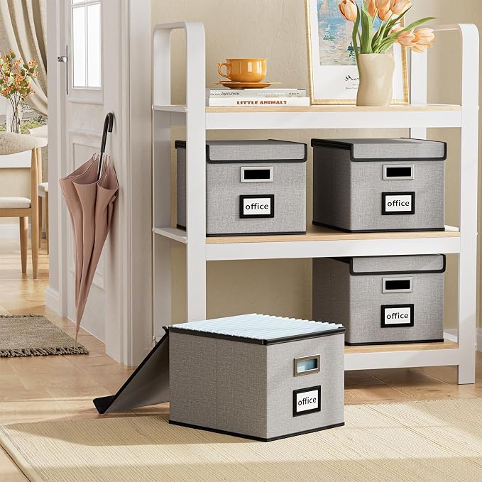 File Organizer Box with Lids, Collapsible File Folder Organizer | File Box with Plastic Slides for Office Document Storage, Filing Bin for Letter Size Hanging File Folders (4 Pack, Gray) - Image 2
