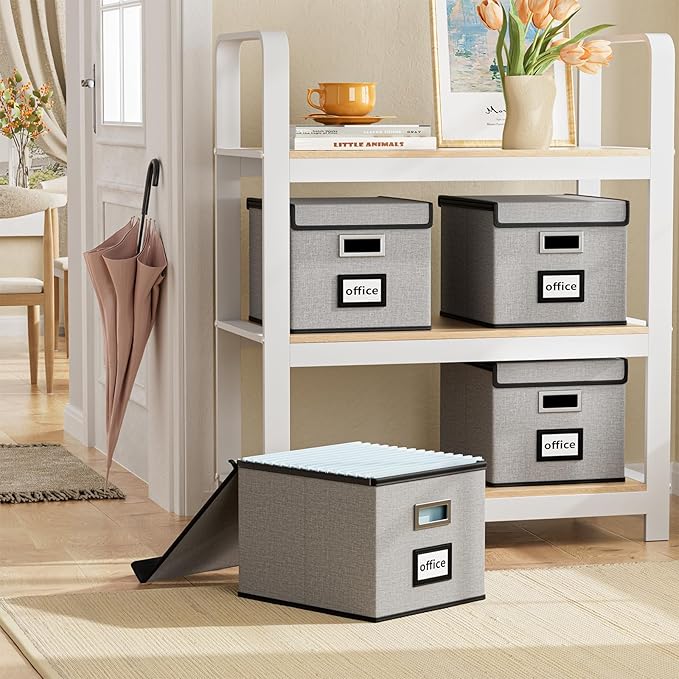 File Organizer Box with Lids, Collapsible File Folder Organizer | File Box with Plastic Slides for Office Document Storage, Filing Bin for Letter Size Hanging File Folders (2 Pack, Gray) - Image 2