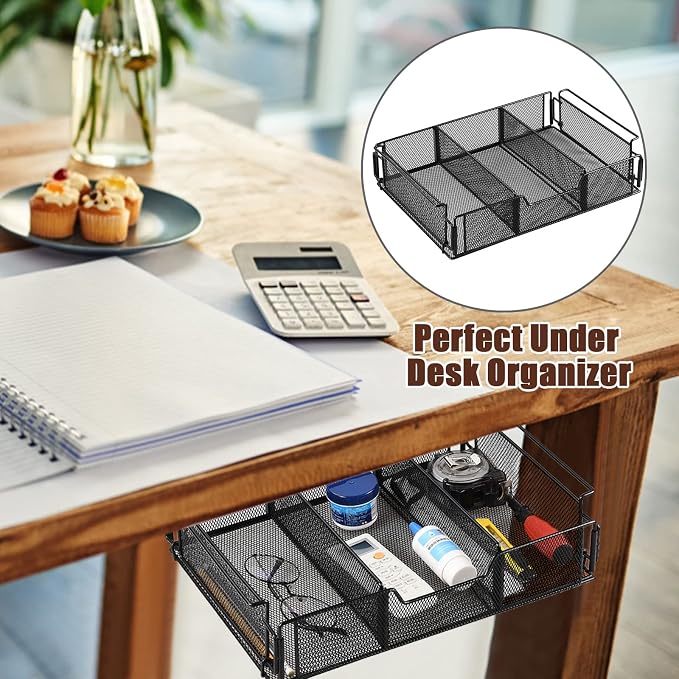 Under Desk Drawer, Hanging Storage Organizer Slide Out, Black Metal Under Desk Storage Hanging Storage Organizer, Attachable Pen Holder Desk Hidden Drawer for Office Home School Accessories(Black) - Image 4