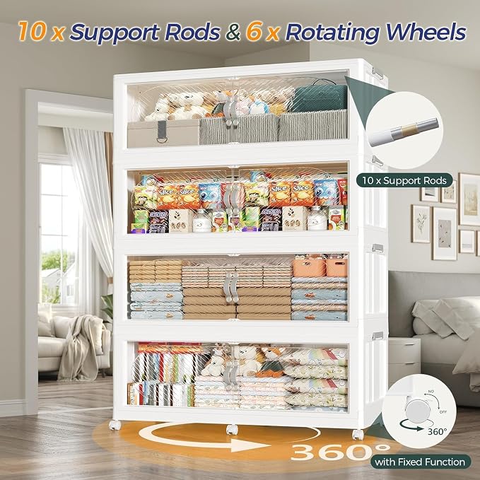 960QT Extra Large Stackable Storage Bins with Lid, 240Gal Plastic Closet Organizers and Storage Drawer, Collapsible Cabinet Box with Wheels Clear Doors for Home Kitchen Garage, 4Pack White - Image 7
