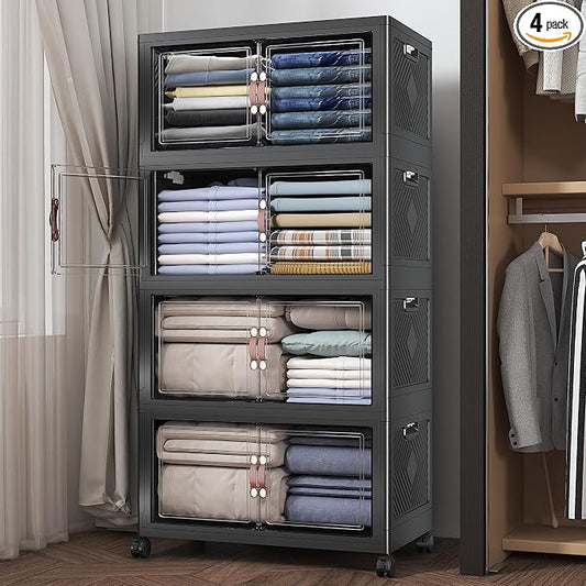480QT Stackable Storage Bins with Lids, Doors & Wheels | Closet Organizers and Storage Cabinet , Lockable Plastic Foldable Drawers for Bedroom Dorm Office Garage（120QT*4,Black） by UAMFURIDirect
