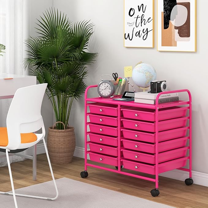 Giantex 12 Drawers Rolling Cart, Mobile Storage Drawer Cart, Classroom Organizer Cart for Office School Supplies Tools Scrapbook Paper Craft Small Printer, Utility Cart on Wheels, Hot Pink - Image 4
