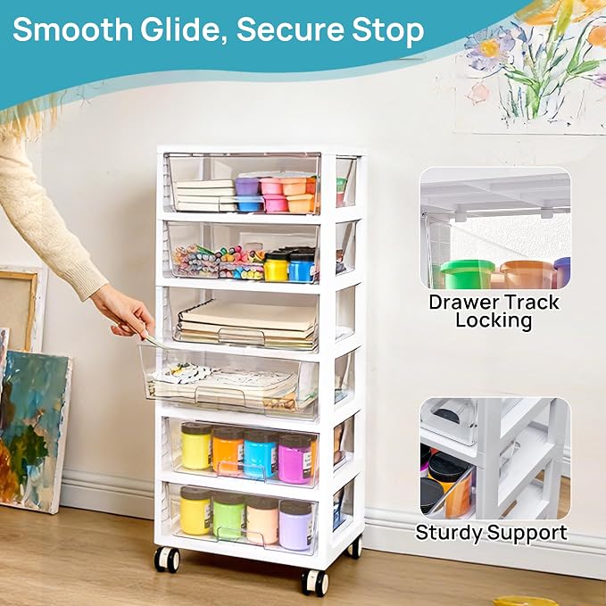 Vtopmart Rolling Drawer Cart, 6 Tier, Clear, Deep Drawers | Clear Deep Drawers, Visible Storage, Large-Capacity Organization, Crafts, Art, Toys, Bathroom, Classroom & Office Supplies - Image 4