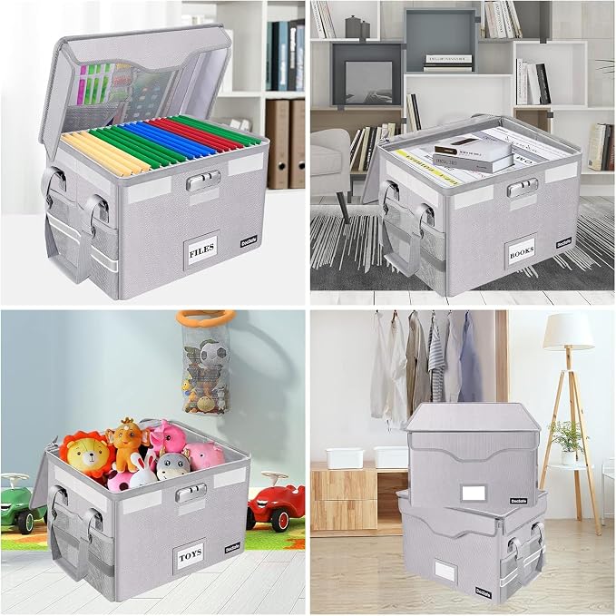 DocSafe Fireproof Document Box with Lock,File Storage Organizer with Pockets,Collapsible Portable File Box Home Office Safe Filing Cabinet with Handle for Hanging Letter/Legal Folders,Silver,2 Pack - Image 4