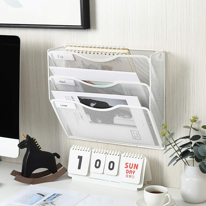 EasyPAG 3 Pocket Mesh Wall File Organizer, Hanging Paper Folder Holder with Classify Label, Vertical Wall Mount Mail Organizer for Office Home Classroom, White - Image 5