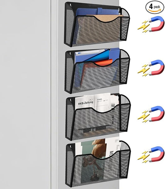 Magnetic File Holder 4 Pockets File Folder Organizer, Office Hanging Magazine Rack for File Cabinets, Magnetic Paper Holder, No Drilling Mail Organizer for Refrigerator, Office by LQPAFZ