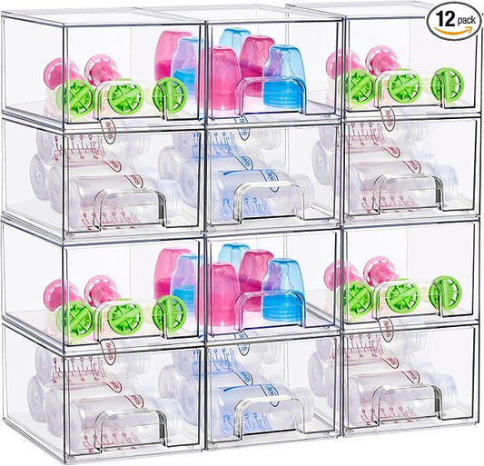 Sorbus Clear Stackable Baby Bottle Organizer Bins – 12 Pack Modular Plastic Storage Containers for Baby Bottles, Nipples, Caps, Pacifiers, Pantry, Kitchen, Cabinet, Nursery & Countertop Organization by Sorbus