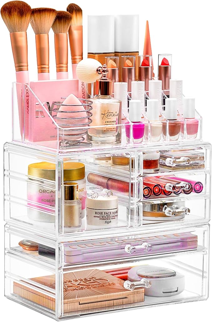 Sorbus Large Clear Makeup Organizer - Detachable 3-Piece Jewelry & Make Up Organizers and Storage Set - Spacious Cosmetic Display Tower - Makeup Organizer for Vanity, Bathroom, Dresser & Countertop by Sorbus