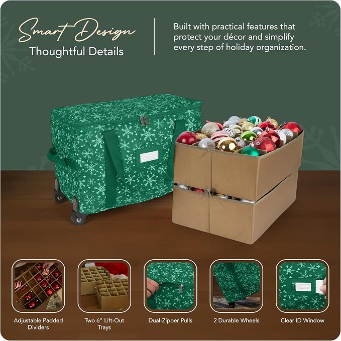 Covermates Keepsakes Rolling Adjustable Ornament Storage Bag – Heavy-Duty Polyester, FlexGrid Trays & Padded Dividers – Protective Holiday Organizer with Wheels, Handles & ID Window, Green Snowflake - Image 4