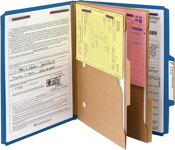 Smead Pressboard Classification File Folder with SafeSHIELD Fasteners, 2 Pocket Dividers, 2" Expansion, Letter Size, Dark Blue, 10 per Box (14077) - Image 3