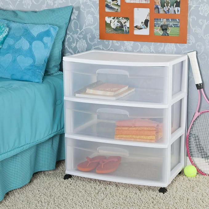 Plastic Storage Drawer Cart, Medium Home Organization Storage Container with 3 Large Clear Drawers With Wheels (White) - Image 2