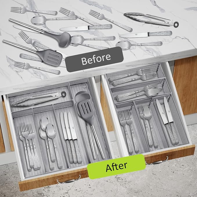 Neudeco Drawer Organizer Set, Silver Mesh, 6 Pack | 5-Compartment Silverware Tray, 5 Utensil Trays, Non-Slip, For Flatware, Cutlery, Office Supplies - Image 5