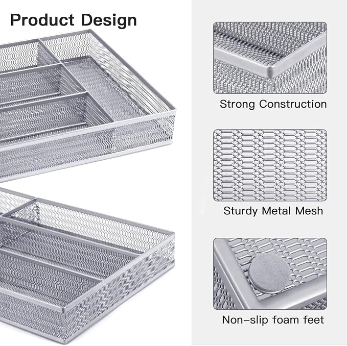 Neudeco Drawer Organizer Set, Silver, 5 Pack | 4-Compartment Silverware Tray, 4 Utensil Trays, Silver Mesh, Non-Slip, For Flatware, Cutlery, Office Supplies - Image 4