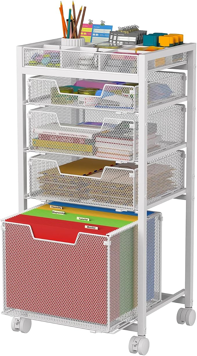 Rolling File Cart with 4 Storage Drawers, Under Desk Filing Cabinet with DIY Divider, Hanging File Folder Organizer on Wheels, Fits A4/Letter Size, Metal Utility Cart for Home Office, White by JKsmart