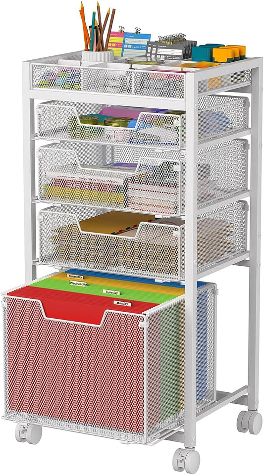 Rolling File Cart with 4 Storage Drawers, Under Desk Filing Cabinet with DIY Divider, Hanging File Folder Organizer on Wheels, Fits A4/Letter Size, Metal Utility Cart for Home Office, White by JKsmart