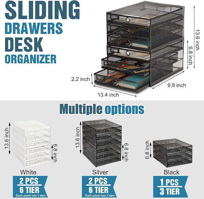Zhanmai 2 Pack Black Desk Organizer with Drawer Total Wire Mesh Storage Tray Multifunctional Paper Sorter File Stand for Home Office Supplies Letter A4 Paper Office Accessories Back to School (3 Tier) - Image 2